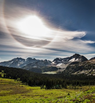 Upper Lyman Basin from Cloudy Pass. The sun halo was...real!