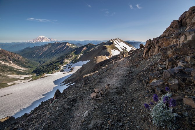 PCT along the Knife's Edge, Mount Rainier in the distance