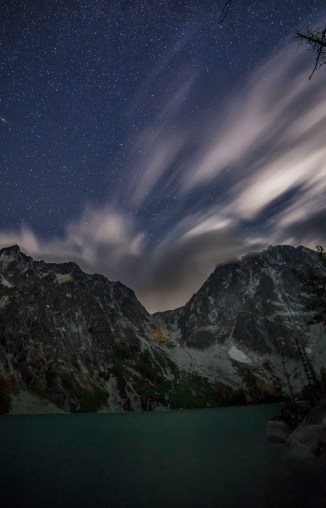 Colchuck Lake and Aasgard Pass and fast moving clouds