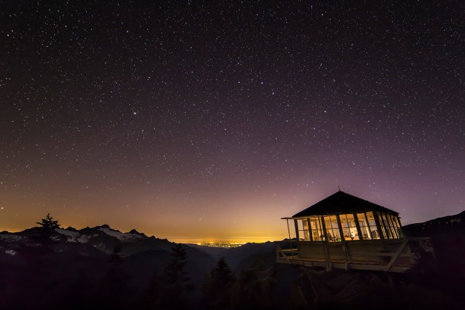 The Sisters, Bellingham and the Big Dipper from the Park Butte Lookout