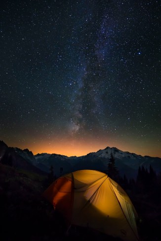 Glacier Peak with Tent and Stars
